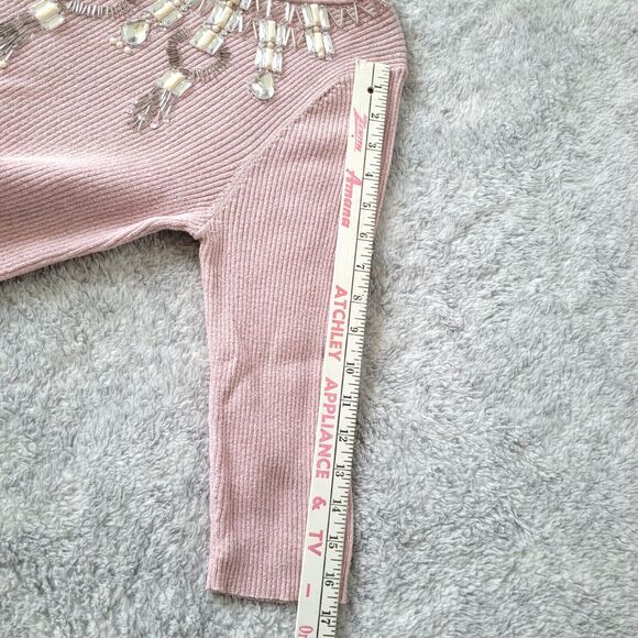 Lauren Michelle Sweater Women Large Pink 3/4 Sleeve Ribbed Beaded Western - Picture 8 of 9